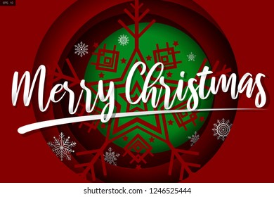 Vector of Snowflakes in paper cut style on a red tunnel with text “Merry Christmas”