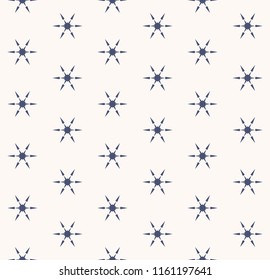 Vector snowflakes seamless pattern. Abstract minimalist navy blue and white texture with small geometric floral shapes, snow flakes. Simple winter holiday background. Stylish repeat decorative design