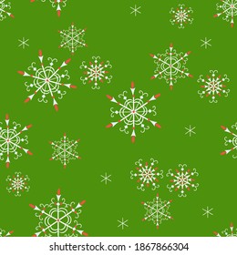 Vector snowflakes seamless pattern. Elegant Christmas and New Year background texture with snow, snowflakes. Winter holidays theme. Vintage style. Green, red and white color. Repeat design for decor