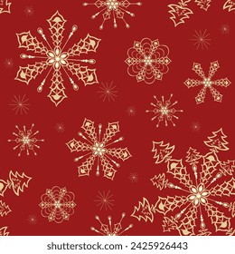 Тrendy vector snowflakes seamless pattern. Elegant red Christmas and New Year background texture with gold snow, snowflakes and white sparkles. Winter holidays theme. Luxury repeat design