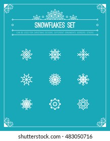 Vector snowflakes set. Christmas design elements collection: decorative border, frame, ornament, header. White holiday decor on blue background.