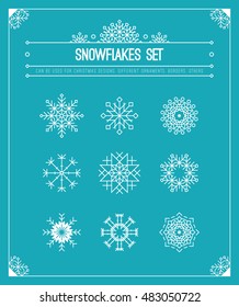 Vector snowflakes set. Christmas design elements collection: decorative border, frame, ornament, header. White holiday decor on blue background.