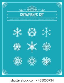 Vector snowflakes set. Christmas design elements collection: decorative border, frame, ornament, header. White holiday decor on blue background.