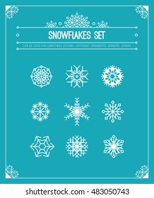 Vector snowflakes set. Christmas design elements collection: decorative border, frame, ornament, header. White holiday decor on blue background.