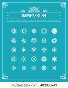 Vector snowflakes set. Christmas design elements collection: decorative border, frame, ornament, header. White holiday decor on blue background.