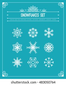 Vector snowflakes set. Christmas design elements collection: decorative border, frame, ornament, header. White holiday decor on blue background.