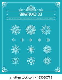 Vector snowflakes set. Christmas design elements collection: decorative border, frame, ornament, header. White holiday decor on blue background.