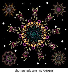 Vector snowflakes set for holiday Thanksgiving day, a simple hand-drawn winter design on black background in pink and yellow colors.