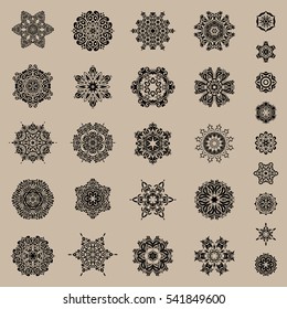 Vector snowflakes set for holiday Thanksgiving day, a simple hand-drawn winter design on a beige background.