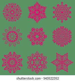 Vector snowflakes set for holiday Thanksgiving day, a simple hand-drawn winter design on a green background.