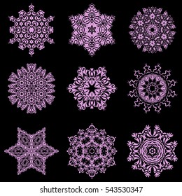 Vector snowflakes set for holiday Thanksgiving day, a simple hand-drawn winter design on black background in neutral colors.