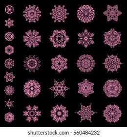 Vector snowflakes set for holiday Thanksgiving day, a simple hand-drawn winter design on black background in pink colors.