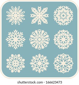 Vector snowflakes set, isolated on colored background with frame