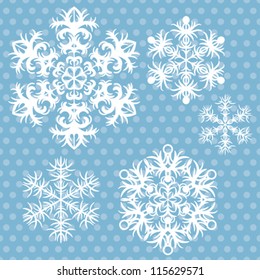 Vector snowflakes set on blue retro background.