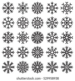 Vector snowflakes set on white background, winter icons silhouette, 25 ice stars, vector elements for your Christmas and New Year holiday design projects