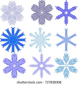 Vector snowflakes set. Snow, christmas, snowflake background. Winter stars and snowflakes for creation of New Year's artistic compositions, postcards, posters, backdrops. Set of 9 items. Stock vector