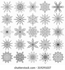 Vector Snowflakes Set. Thin snow flakes, intricate shape. Fine Christmas decoration for greeting card, winter sale banner, gift paper. Black snow isolated on white background. Logo, tattoo template.