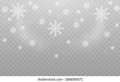 Vector snowflakes. Snowfall, snow. Snowflakes on an isolated background. PNG snow. Snow storm, Christmas snow. Vector image.
