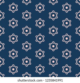 Vector snowflakes texture. Abstract minimalist geometric seamless pattern with hexagons. Deep blue and pink color. Minimal repeating background. Design for wallpapers, prints, decoration, textile