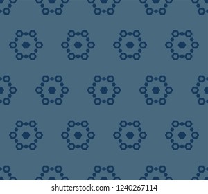 Vector snowflakes texture. Abstract minimalist geometric seamless pattern with simple shapes, hexagons. Deep blue color. Minimal repeat background. Design for wallpapers, prints, decor, cloth, covers