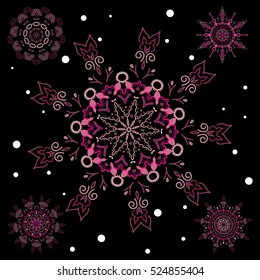 Vector snowflakes with watercolor effect. Textile print for bed linen, jacket, package design, fabric and fashion concepts. Abstract snowflakes set.