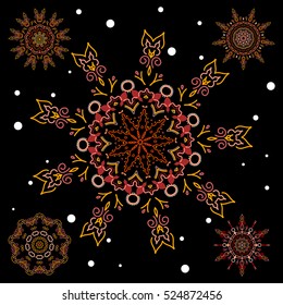 Vector snowflakes with watercolor effect. Textile print for bed linen, jacket, package design, fabric and fashion concepts. Abstract snowflakes set.
