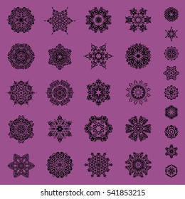 Vector snowflakes with watercolor effect. Textile print for bed linen, jacket, package design, fabric and fashion concepts. Abstract snowflakes set on a purple background.