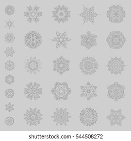 Vector snowflakes with watercolor effect. Textile print for bed linen, jacket, package design, fabric and fashion concepts. Abstract snowflakes set on a gray background.