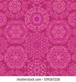 Vector snowflakes winter New Year frame. Seamless pattern on magenta background.