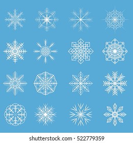 Vector snowflakes winter set for Christmas design. White isolated silhouette on blue background. 