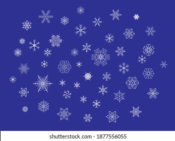 Vector snowlakes different forms - giant set. Christmas background with snow crystals, white on blue.