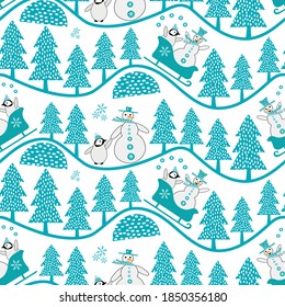 Vector snowman and baby penguin sledging and walking in forest. Seamless vector pattern background. Winter wavy hill tree landscape backdrop repeat with penguins in sledges, juggling with snowballs.