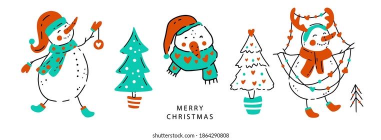 Vector snowman banner. Merry Christmas cute hand drawn doodle cartoon illustration. Cute snowman clipart set.
