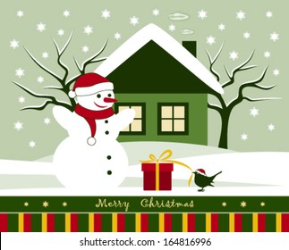 vector snowman and bird with gift in snowy garden