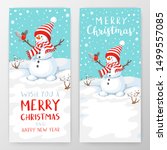 Vector snowman with bird. Snowman greeting. Cute Christmas greeting card with snowman and bullfinch. Greeting card with snowmen and snowfall. Illustration for Christmas design.