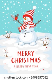 Vector snowman with bird. Snowman greeting. Cute Christmas greeting card with snowman and bullfinch. Greeting card with snowmen and snowfall. Illustration for Christmas design.