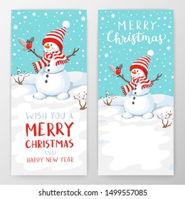 Vector snowman with bird. Snowman greeting. Cute Christmas greeting card with snowman and bullfinch. Greeting card with snowmen and snowfall. Illustration for Christmas design.