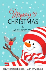 Vector snowman with bird. Snowman greeting. Cute Christmas greeting card with snowman and bullfinch. Greeting card with snowmen and snowfall. Illustration for Christmas design.