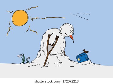 vector - Snowman  and Bird at spring time