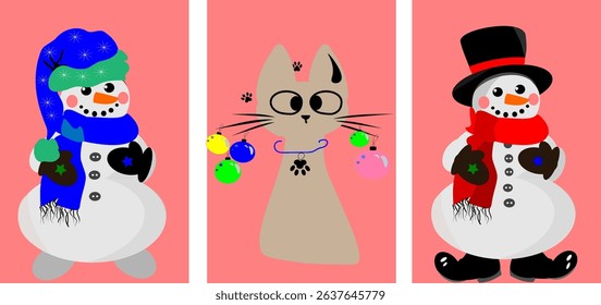 Vector snowman and cat , banner ,artboard ,posters , new year, merry christmas