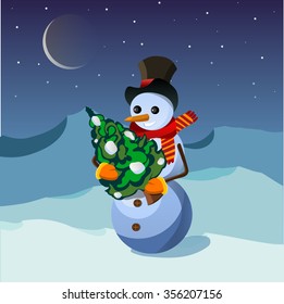 Vector snowman with Christmas tree