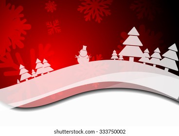 Vector : Snowman christmas trees and ice crystal on red christmas background