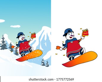 Vector Snowman cute character on snowboard holding chips, winter landscape with snow.