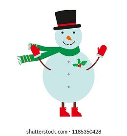 Vector snowman. Snowman dressed in black hat, green scarf, red mittens and red boots. Illustration of holly. Cute snowman. Christmas time.