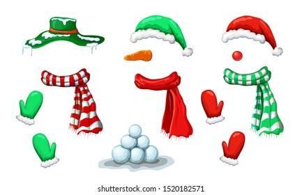 vector snowman face mask collection with accessory isolated on white. xmas holiday funny costume of snowman with various hats, scarves, mittens. Christmas photo booth and props for creative design