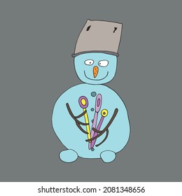 Vector snowman. Funny character snowman Isolated. Drawn by hand. Coloring pages for children and adults. Cartoon