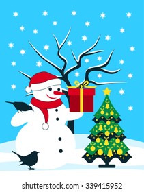 vector snowman with gift and birds in snowy landscape