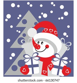Vector. Snowman  with gift in color 21