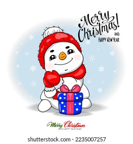 Vector snowman with gift. Snowman greeting. Little cute snowman in a knitted hat and scarf on snow. Greeting card with text Merry Christmas and  blue background. Illustration for Christmas design.