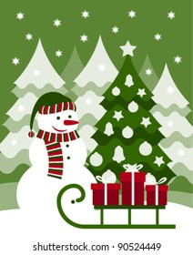 vector snowman and gifts on sledge